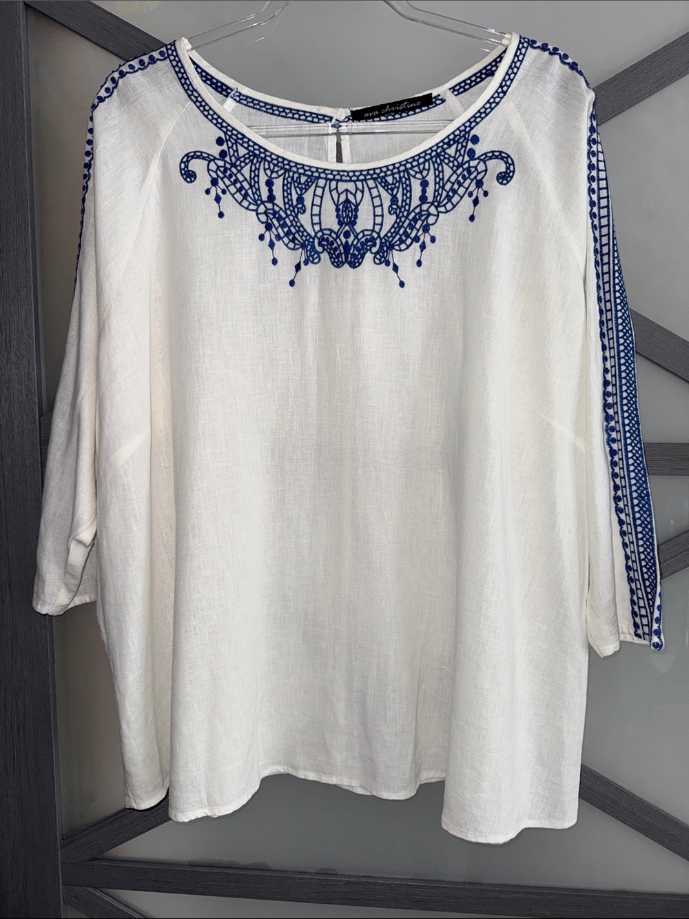 Ava Christine Linen Blend Embroidered Tunic White Blue Boho Coastal Top XL